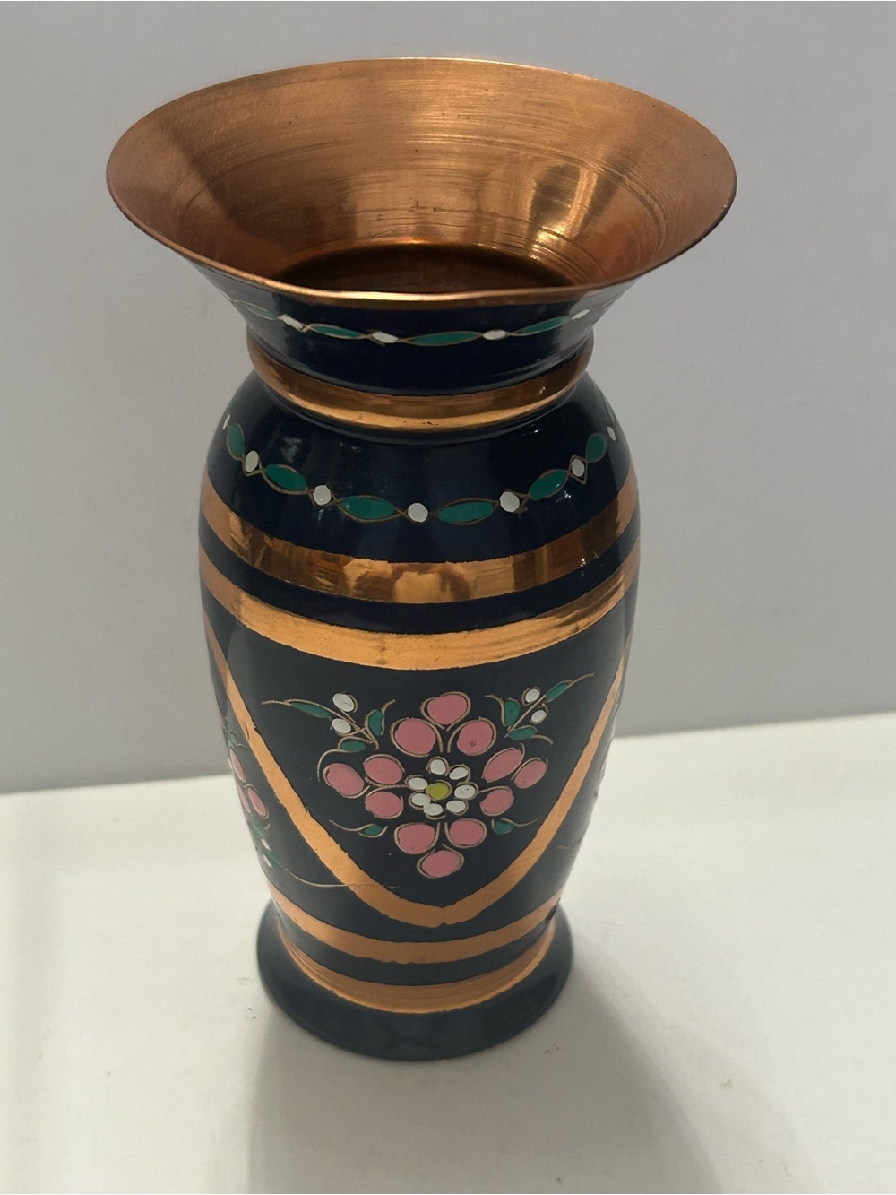 Vintage Enamel on Copper Mini Vase Blue Floral 4”